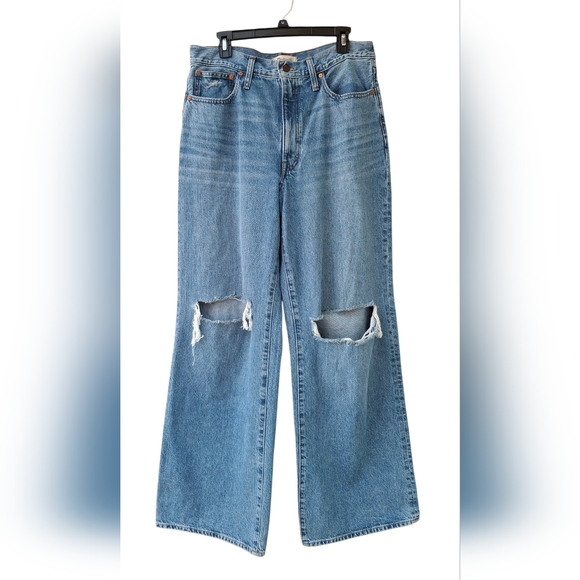 Madewell Denim - Madewell Women's Superwide Leg Jeans In Amcliffe Wash Knee Rip Edition Size 30